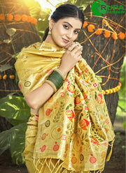 Matchless Yellow Color Assam Silk New Designer Traditional Party Wear Saree With Meena Work